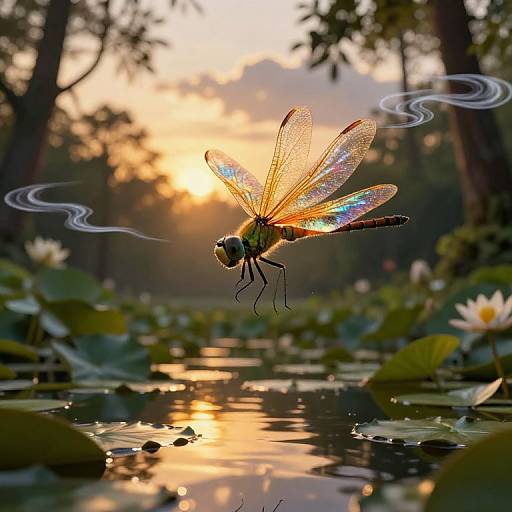 Photograph of a vibrant, iridescent dragonfly with shimmering wings, hovering over a reflective pond at sunset, surrounded by lily pads and