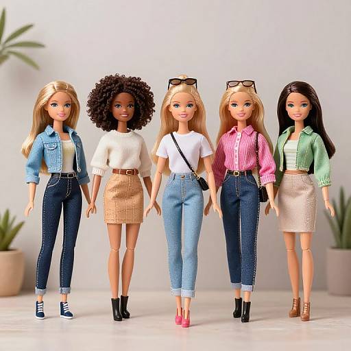 Photograph of five stylish Barbie dolls in casual attire, standing in a row; diverse hairstyles and outfits, potted plants in background.