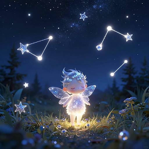 Whimsical digital illustration of a glowing fairy with blue wings, standing in a grassy field under a night sky with constellations.