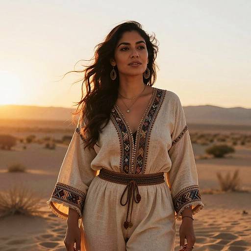 Photograph of a dark-haired woman in a beige, embroidered desert dress, standing confidently in a sunlit, sandy desert landscape.