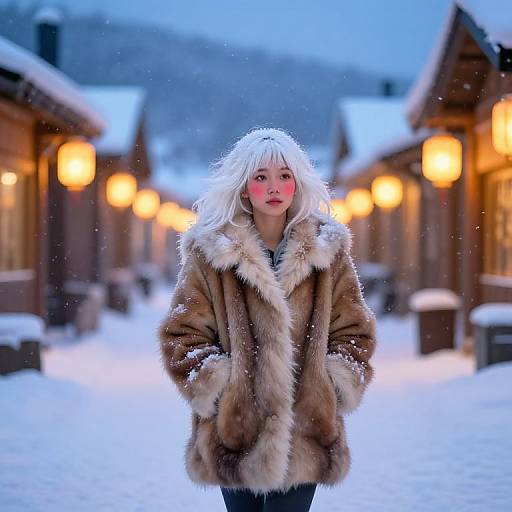 Photograph of a young woman with white hair, pink cheeks, and brown fur coat, standing in a snowy, illuminated village pathway at night.