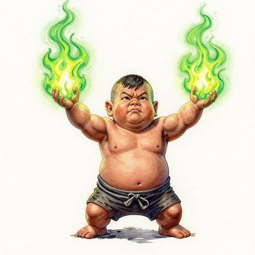 Digital illustration of a chubby, shirtless baby with dark hair, wearing gray shorts, standing and holding glowing green and yellow flames in each hand against a