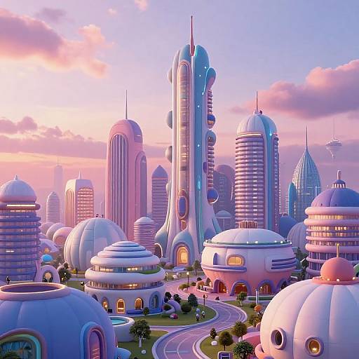 Digital CGI artwork of a futuristic cityscape with pastel-colored, dome-shaped buildings, towering spires, and a pink-purple sunset sky.