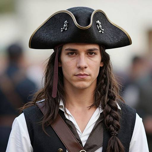 Photograph of a young man with long dark hair, wearing a black tricorn hat, white shirt, and black vest, with a serious expression,