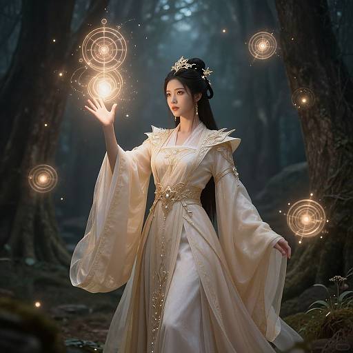 Photorealistic digital art of a mystical woman in a flowing white gown, surrounded by glowing circles, casting a spell in a dark, enchanted forest.