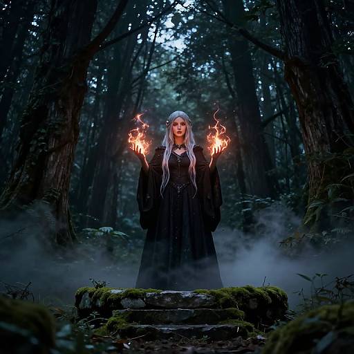 Digital fantasy artwork: Pale-skinned, long-haired witch with white hair, black dress, standing on moss-covered stone steps, holding glowing fireballs in