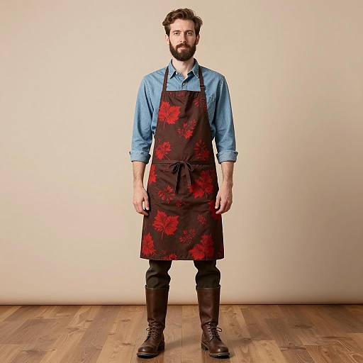 Man in Floral Apron Standing on Wooden Floor