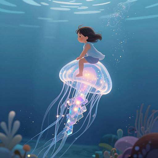 Digital illustration of a young girl with dark hair, wearing a white top and black shorts, riding a glowing blue jellyfish underwater, surrounded by coral and