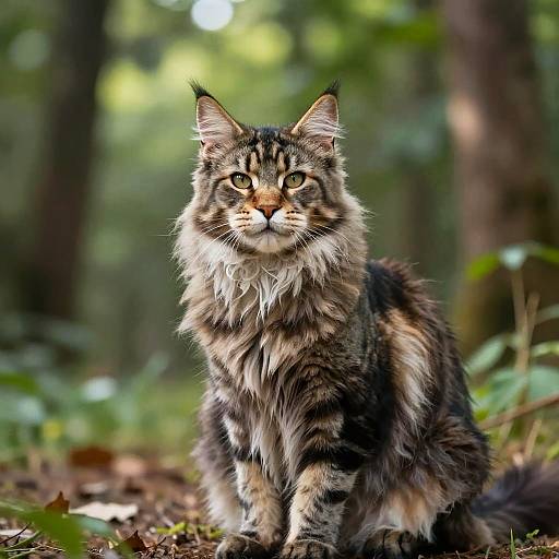 Photograph of a regal, long-haired, brown and black tabby cat with piercing green eyes sitting in a sunlit forest, surrounded by green