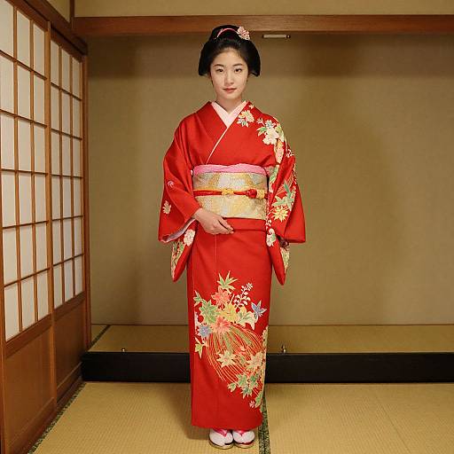 Photograph of an Asian woman in a vibrant red kimono with gold floral patterns, standing in a traditional Japanese room.