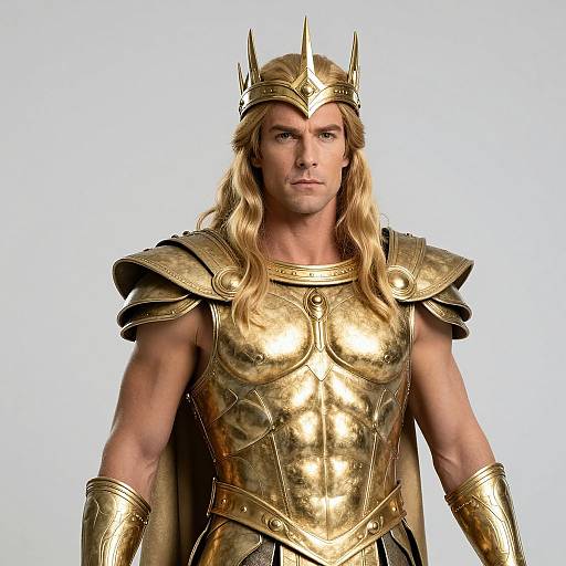 Photograph of a muscular, blonde man with long hair, wearing golden, medieval-style armor with a crown, standing against a plain white background.