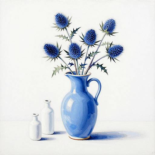 Glossy Blue Jug with Blue Thistles