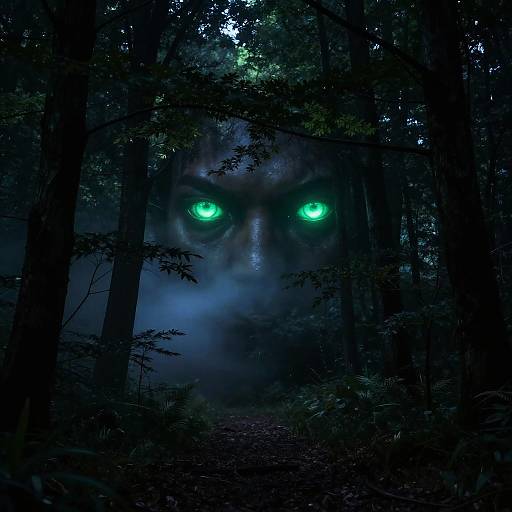 Photograph of a dark, misty forest with a ghostly, humanoid face emerging from the trees, featuring glowing green eyes.