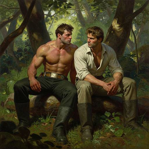 Digital painting of two muscular men in a forest; one shirtless, tan, and muscular, the other in a white shirt and brown pants, sitting