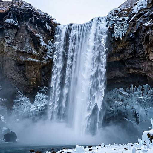 Photograph of a powerful, icy waterfall cascading down rugged, frost-covered rocks with misty spray below, surrounded by icicles and snow.