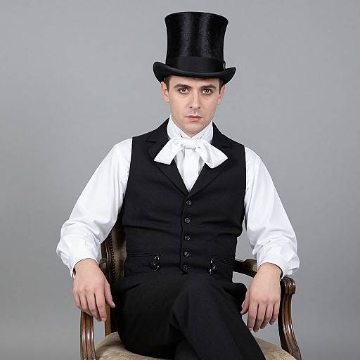 Photograph of a young man with fair skin, wearing a black top hat, white shirt, black vest, and black pants, seated on a wooden