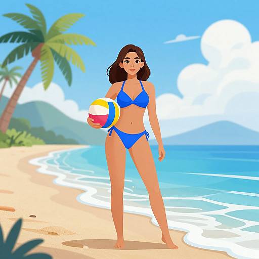 Digital illustration of a tan-skinned woman with brown hair in a blue bikini, holding a beach ball, standing on a sunny beach with palm trees and