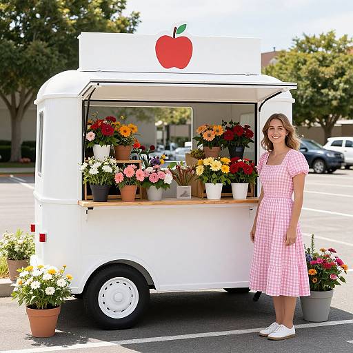 Photograph of a smiling woman in a pink gingham dress standing beside a white flower truck with potted flowers and a red apple logo, parked on