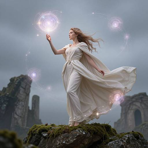 Photograph of a white-robed, fair-skinned woman with long blonde hair, casting magical orbs of light on a mossy ruin under a cloudy