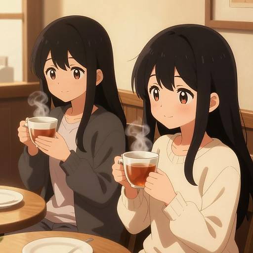 Anime-style digital drawing of two black-haired girls with long hair, holding steaming cups in a cozy café. One wears a black cardigan, the