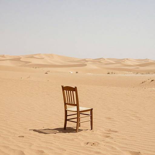Photograph of a single wooden chair standing alone in a vast, sunlit, golden sand desert with gentle dune waves in the background.