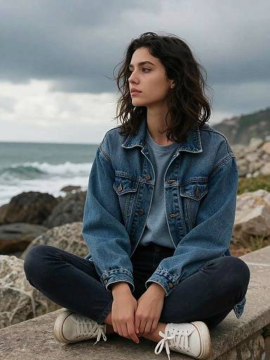 Young Woman in Denim Jacket Sitting by Rocky Coast