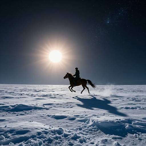 Silhouetted rider on galloping horse under a bright sun in a snow-covered, starry night landscape, with snow shadows trailing behind.