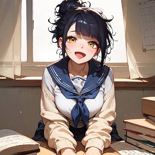 Anime-style digital drawing of a happy, black-haired girl in a school uniform, leaning on a desk with books, sunlight streaming through a window.