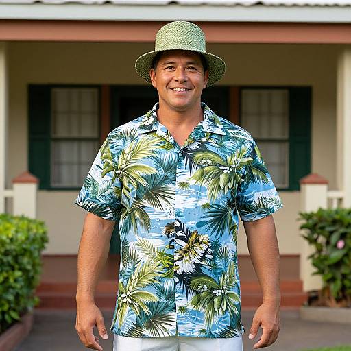 Photograph of a smiling Hispanic man with medium build, wearing a green straw hat and a blue Hawaiian shirt with palm tree pattern, standing in front of