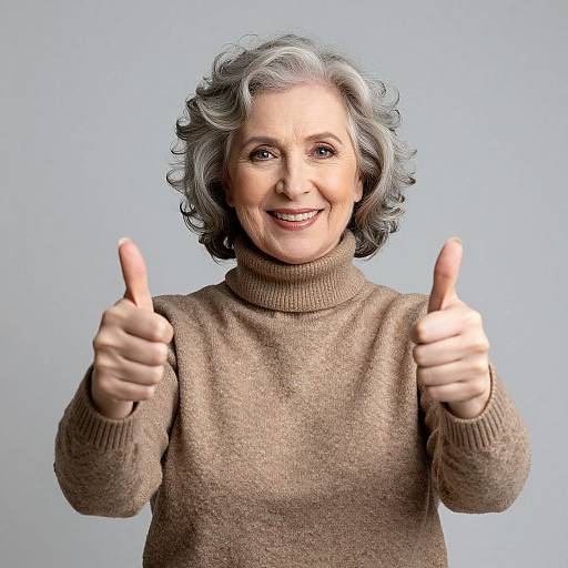 Photograph of a smiling elderly woman with short, curly gray hair, wearing a brown turtleneck sweater, giving two thumbs up against a light blue