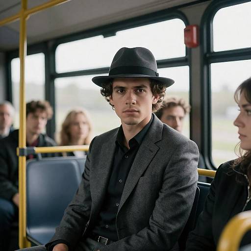 Man in Gray Suit and Fedora on Bus