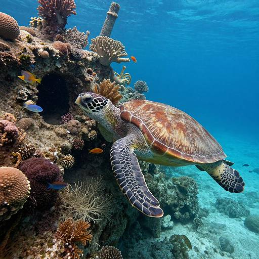 Photograph of a sea turtle swimming over vibrant coral reef, surrounded by colorful fish and diverse coral species, in clear blue ocean water.