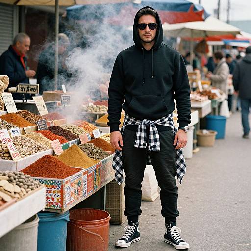Photograph of a man in a black hoodie, sunglasses, and checkered shirt, standing at a bustling outdoor spice market with smoke rising from the spices