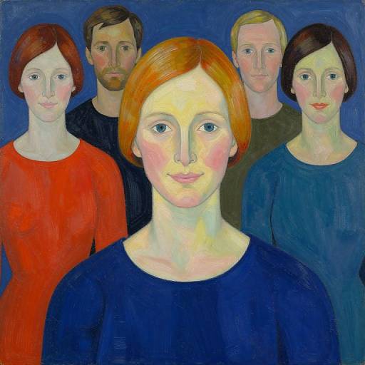 Expressionist painting of five fair-skinned individuals with simplified features, wearing red, black, and blue shirts, set against a blue background. Central figure