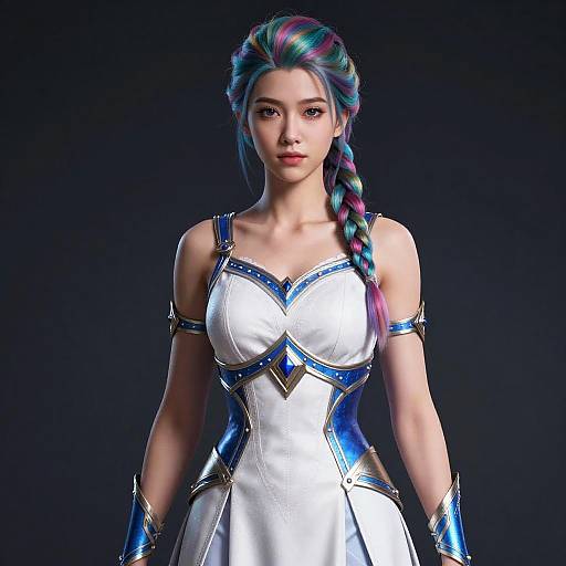 CGI image of an East Asian woman with multicolored braided hair, wearing a white, blue-accented, armored dress, against a