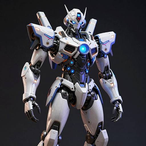 CGI image of a white, futuristic, humanoid mecha robot with blue glowing eyes and chest, black joints, and angular armor against a dark background