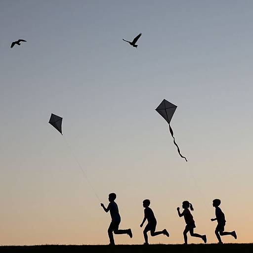 Silhouette photograph of four children running with kites, birds flying, against a gradient sunset sky; minimalistic, serene, and playful.