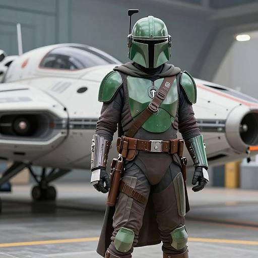 Photorealistic CGI of a Mandalorian-style bounty hunter in green armor, standing in front of a sleek, white X-wing fighter.