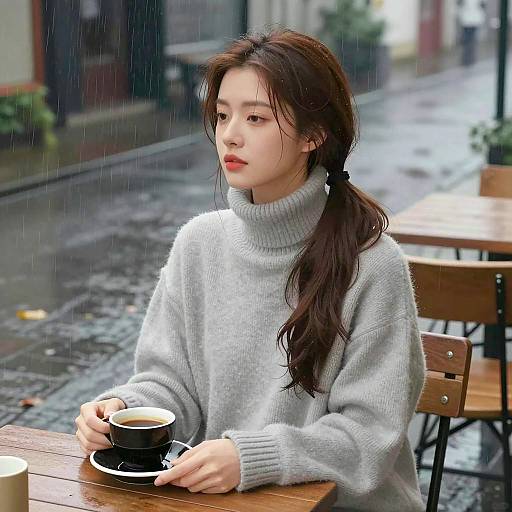 Serene Young Woman with Rainy Background