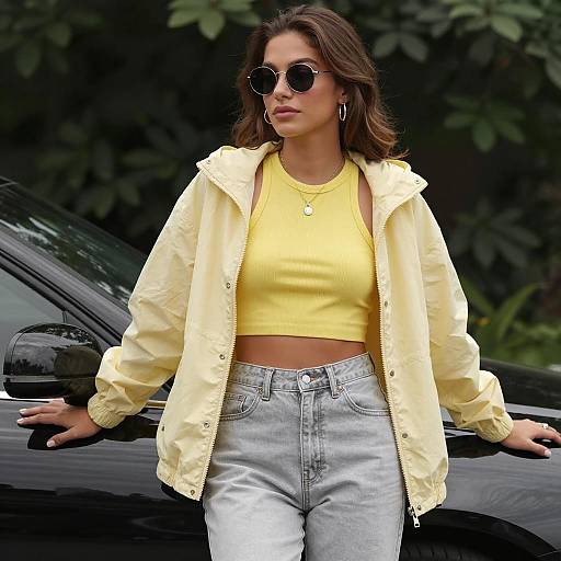 Woman in Yellow Crop Top and Jacket by Car