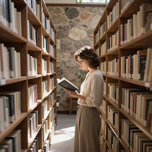 Photograph of a woman with short brown hair, wearing a white blouse and brown skirt, standing in a sunlit library aisle, reading a book.