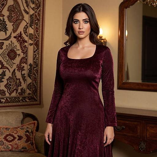 Photograph of a dark-haired woman with fair skin, wearing a deep purple velvet dress, standing in an ornately decorated room with patterned wallpaper and