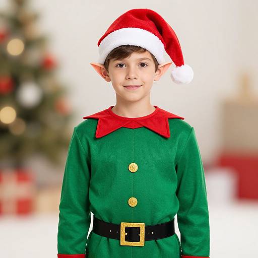 Photograph of a young boy with pointed elf ears, wearing a red Santa hat, green elf costume with red collar and black belt, smiling in front