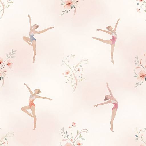Digital illustration of four ballet dancers in various poses, wearing colorful leotards, against a white background with pink floral accents.