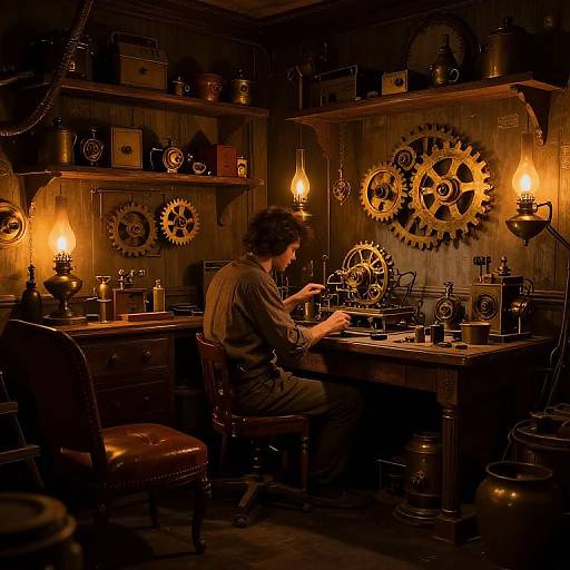 Photograph of a steampunk-style workshop with warm, yellow lighting. A man with curly hair, wearing a brown shirt, sits at a wooden