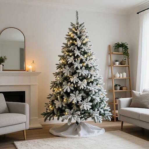 Photograph of a decorated Christmas tree with white snowflakes, lights, and a star topper, in a modern, bright living room.