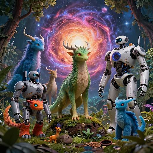 Fantasy forest scene with a glowing, horned, green dragon at center, surrounded by blue and white robotic creatures, and small, colorful, furry