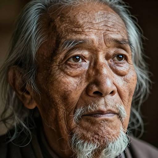 Close-up photograph of an elderly man with weathered, wrinkled skin, gray hair, and white beard, gazing thoughtfully with deep brown eyes