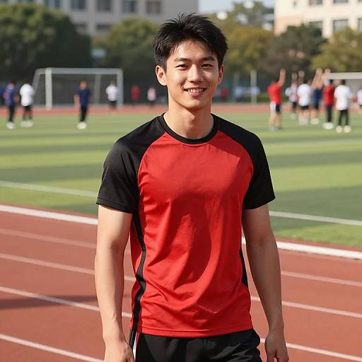 Photograph of smiling Asian man with short black hair, wearing red and black athletic shirt, standing on outdoor track field. Background: green grass, people