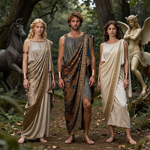 Photograph of three ancient Greek-style characters in forest; central man in ornate tunic, blonde woman in gold drapery, brunette woman in